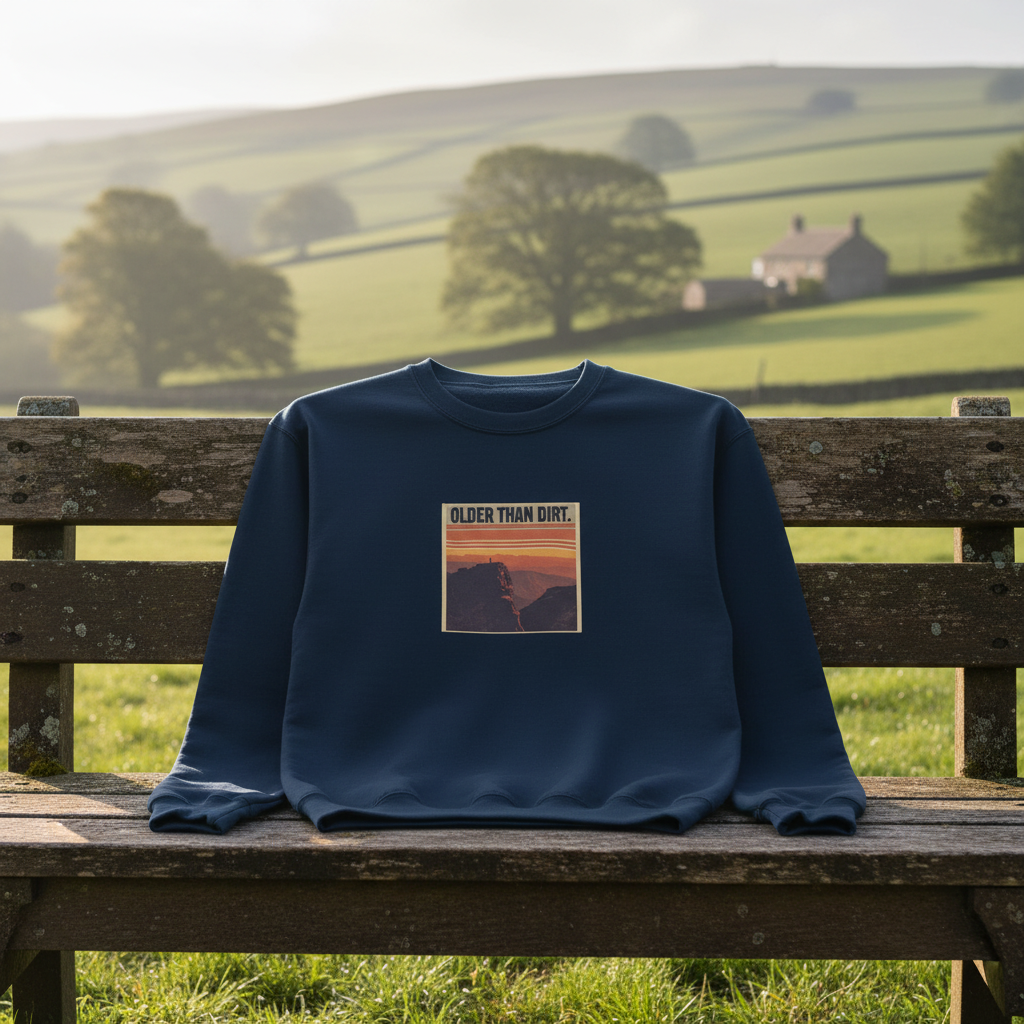 Navy crewneck sweatshirt with “OLDER THAN DIRT.” graphic, folded on wooden bench