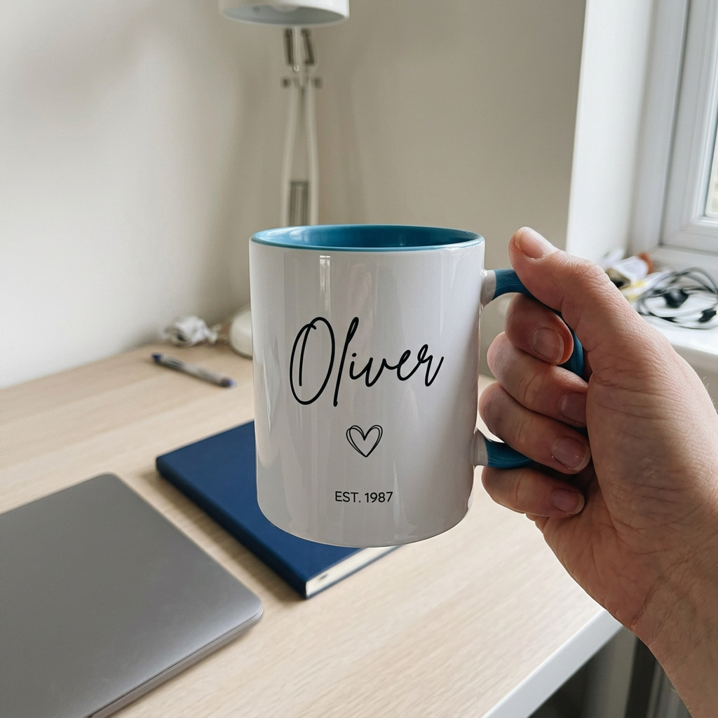 Oliver EST. 1987 blue mug held during a home-office tea break