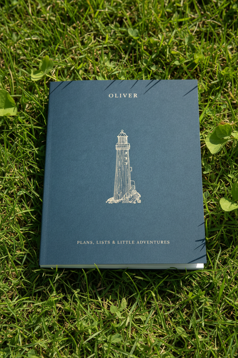 Blue A5 notebook with OLIVER name and lighthouse illustration on grass.