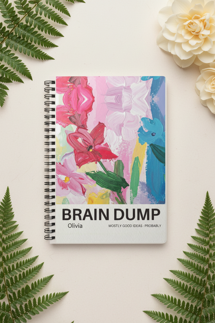 A5 spiral notebook with multicolor floral cover and “BRAIN DUMP” title