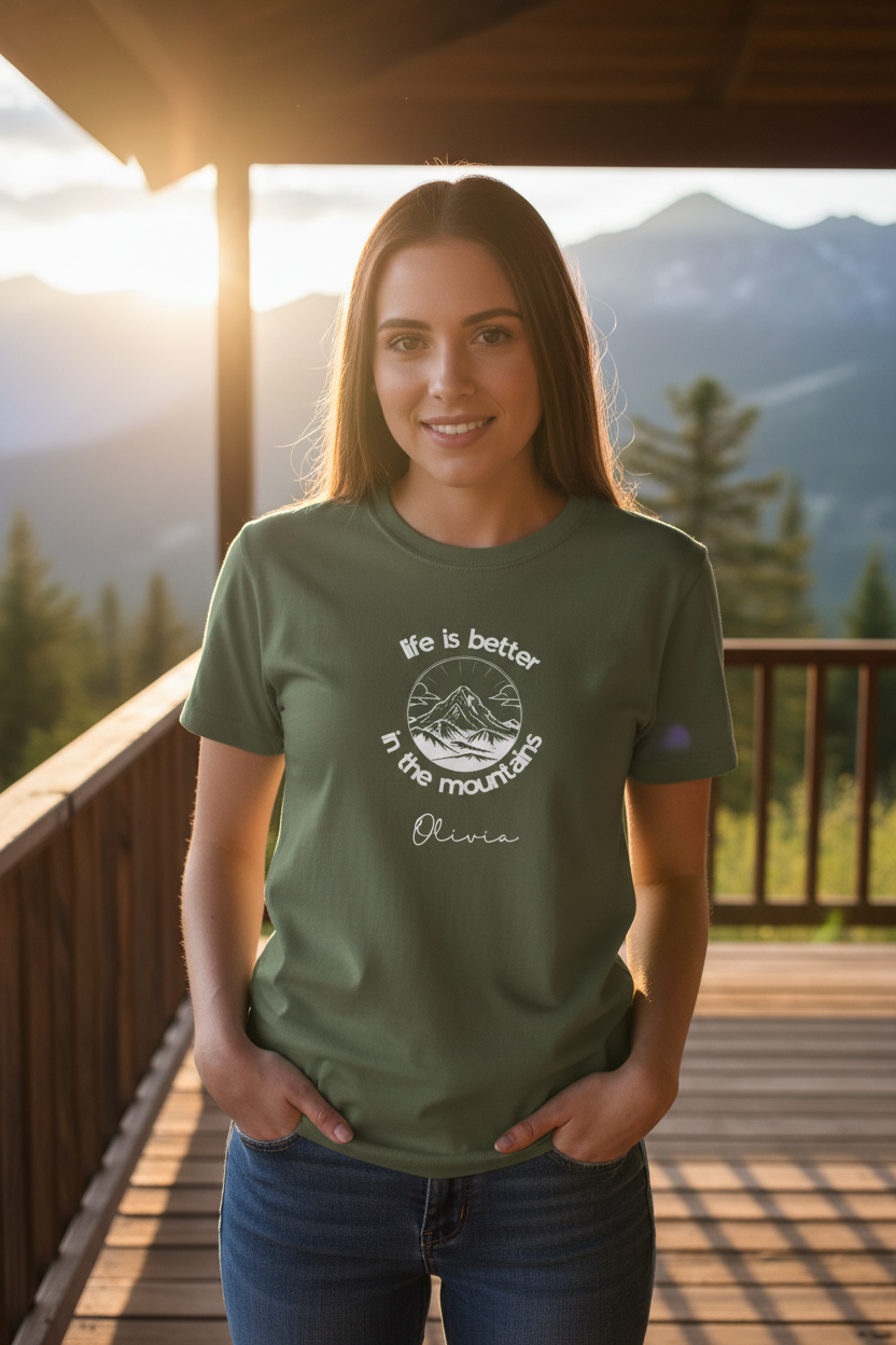 OLIVIA — Cabin porch mountain view, military green