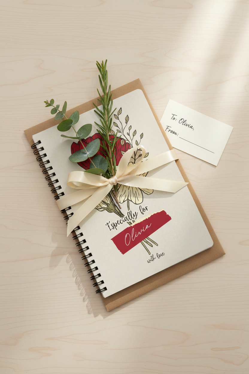 Personalised A5 lined notebook with spiral binding, floral cover, gift wrap and tag