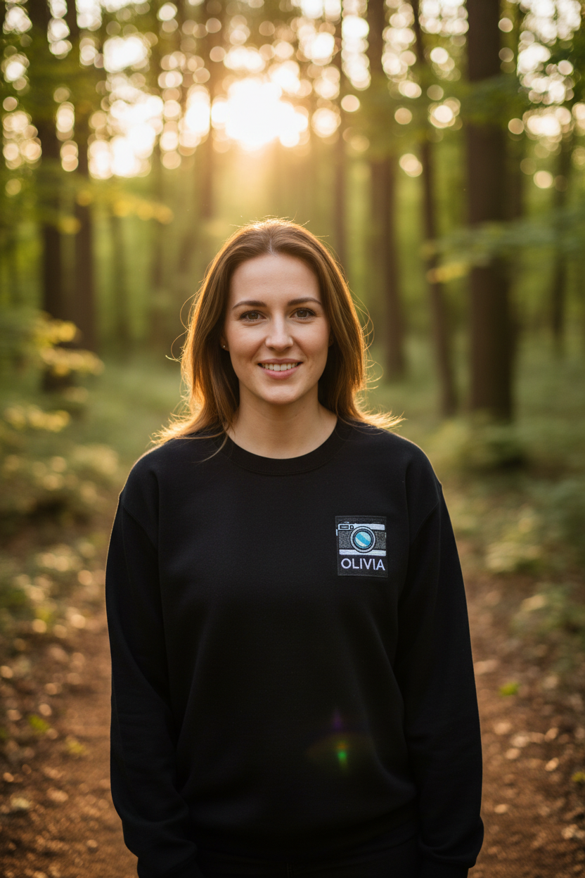 Black sweatshirt with embroidered camera patch and OLIVIA name