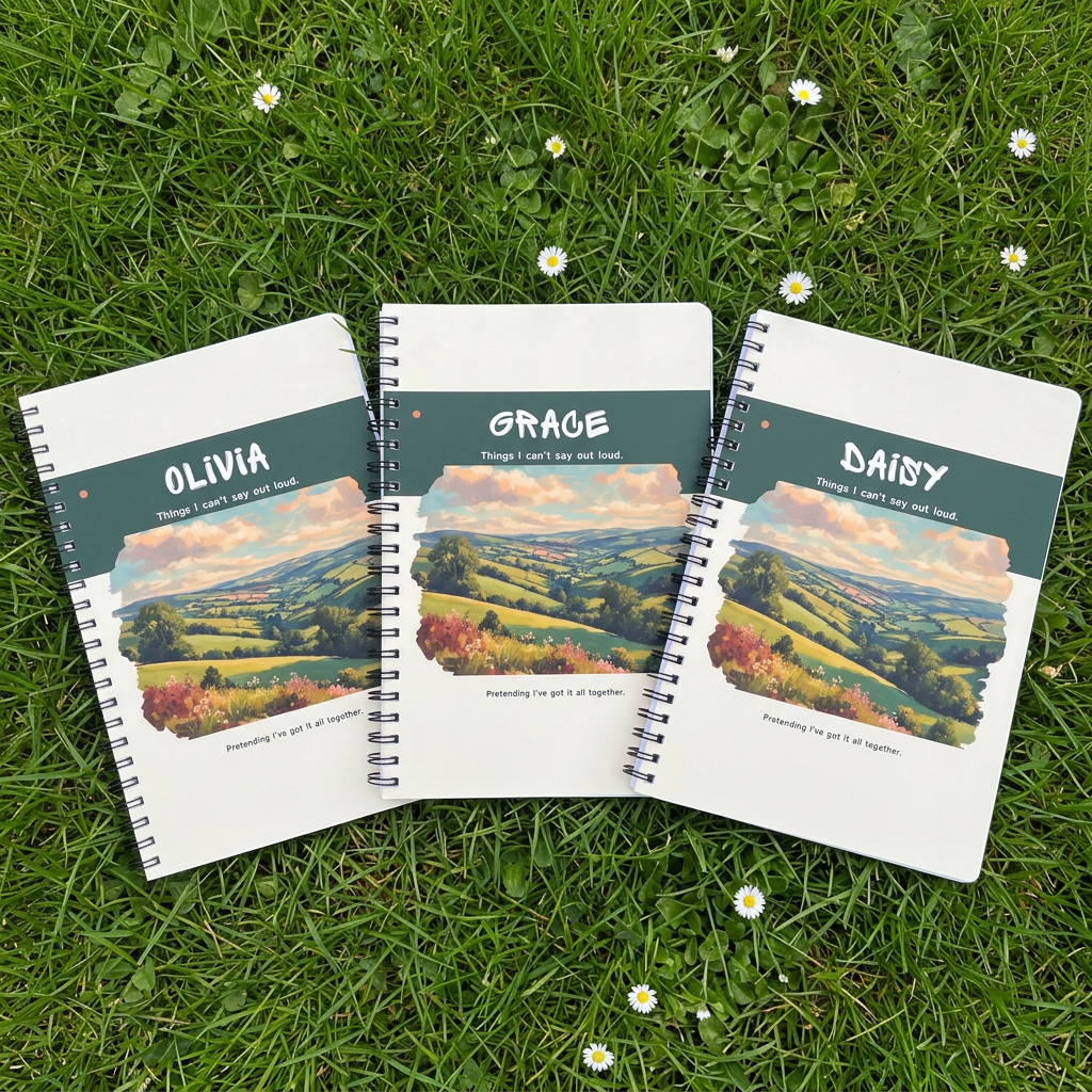 Olivia, Grace and Daisy personalised notebooks together on garden grass