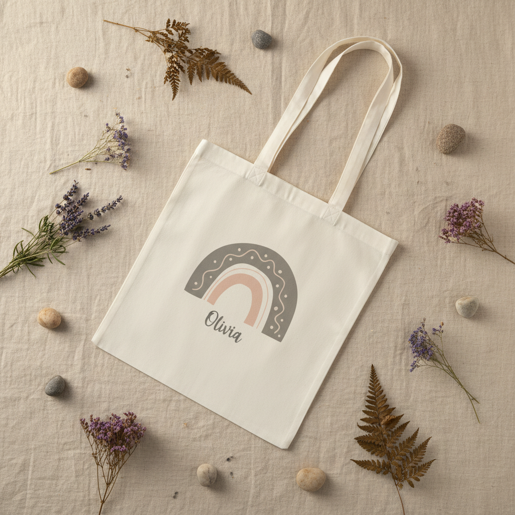 White tote bag with rainbow arch graphic and name Olivia