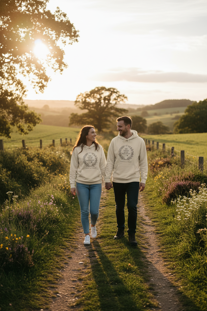 Couple walking in matching white personalised couples hoodies with front wreath graphic