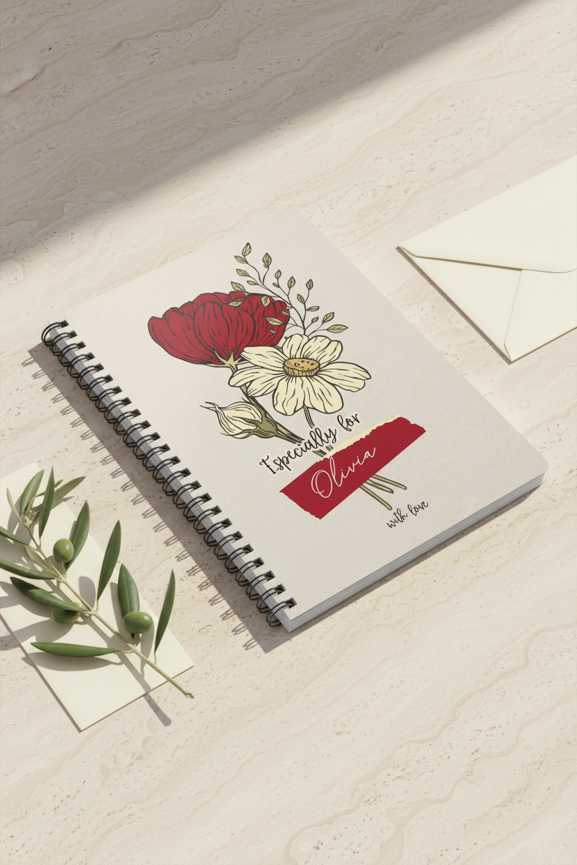 A5 floral journal notebook on tabletop, beige cover with floral art and red name tag