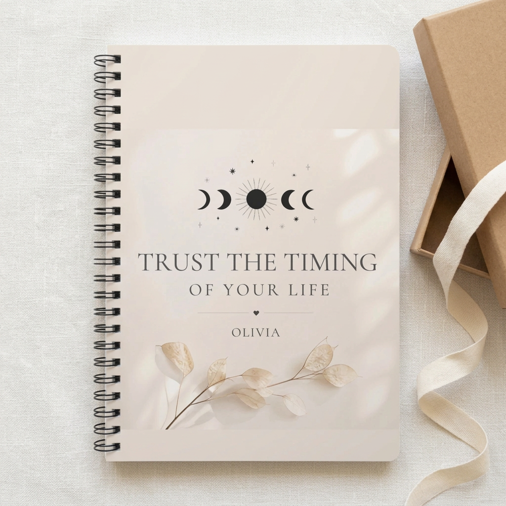 Personalized A5 lined notebook with ribbon, beige floral quote cover and spiral binding