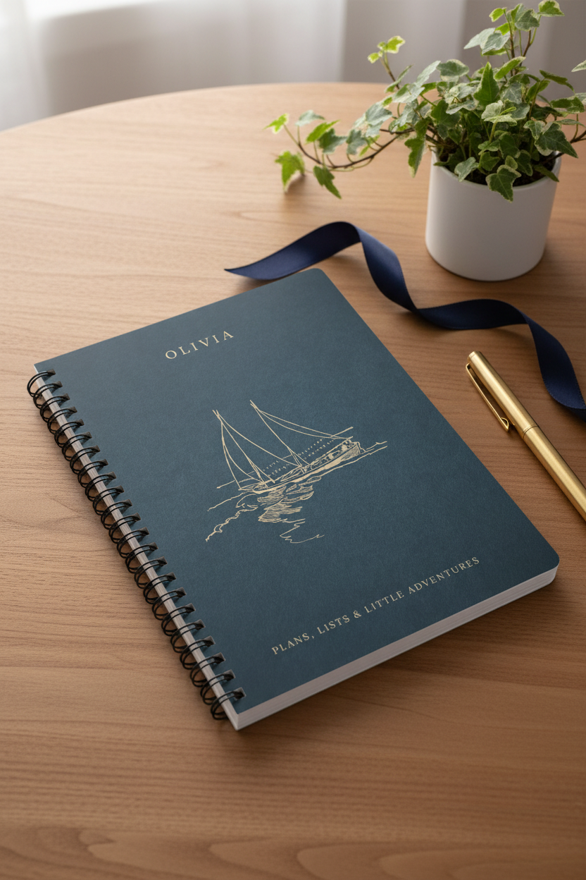 Dark teal A5 spiral notebook with sailboat illustration and dark blue ribbon
