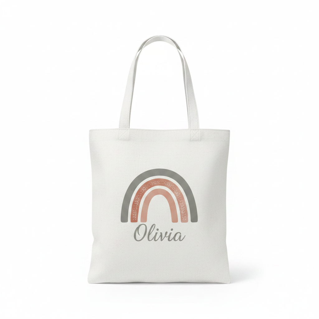 White tote bag with rainbow arch graphic and name Olivia
