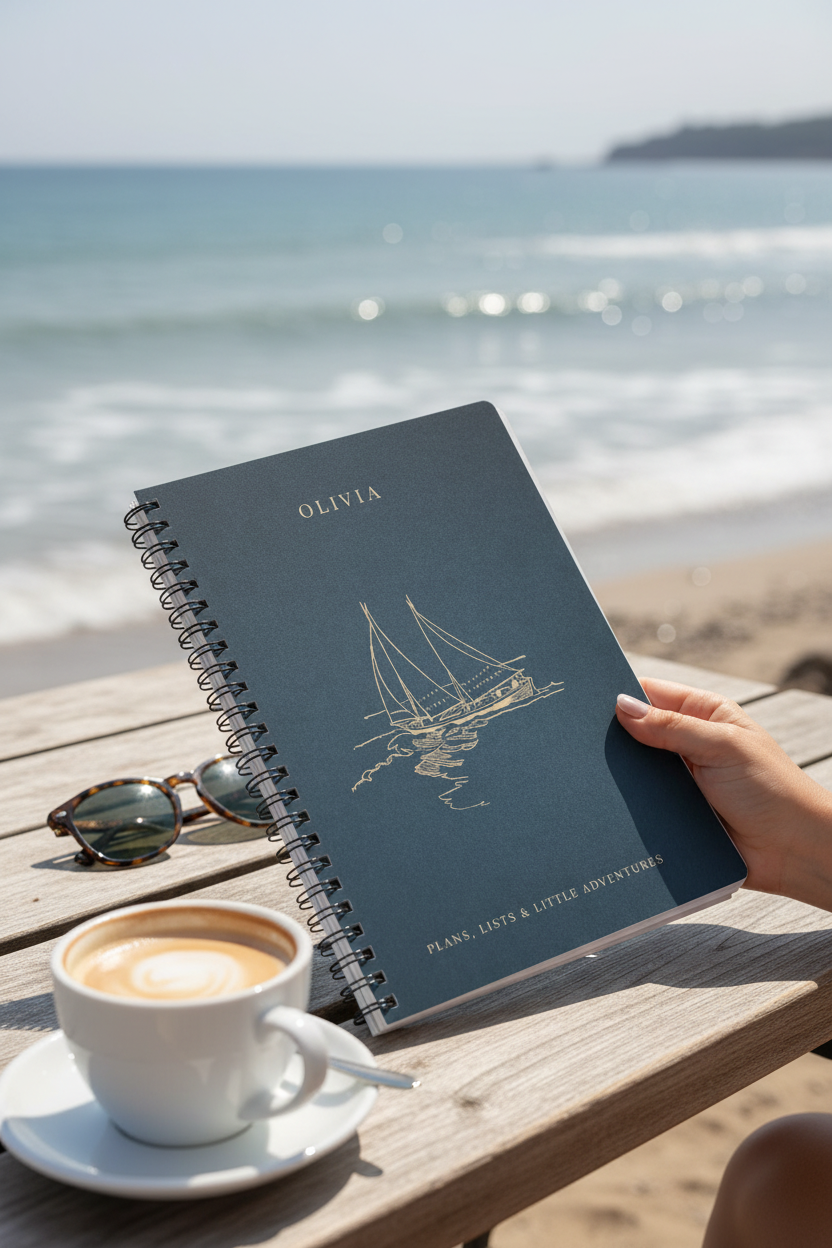 Blue A5 spiral notebook with OLIVIA name and sailboat line drawing on cover.