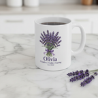 White ceramic mug with lavender bouquet graphic and name Olivia