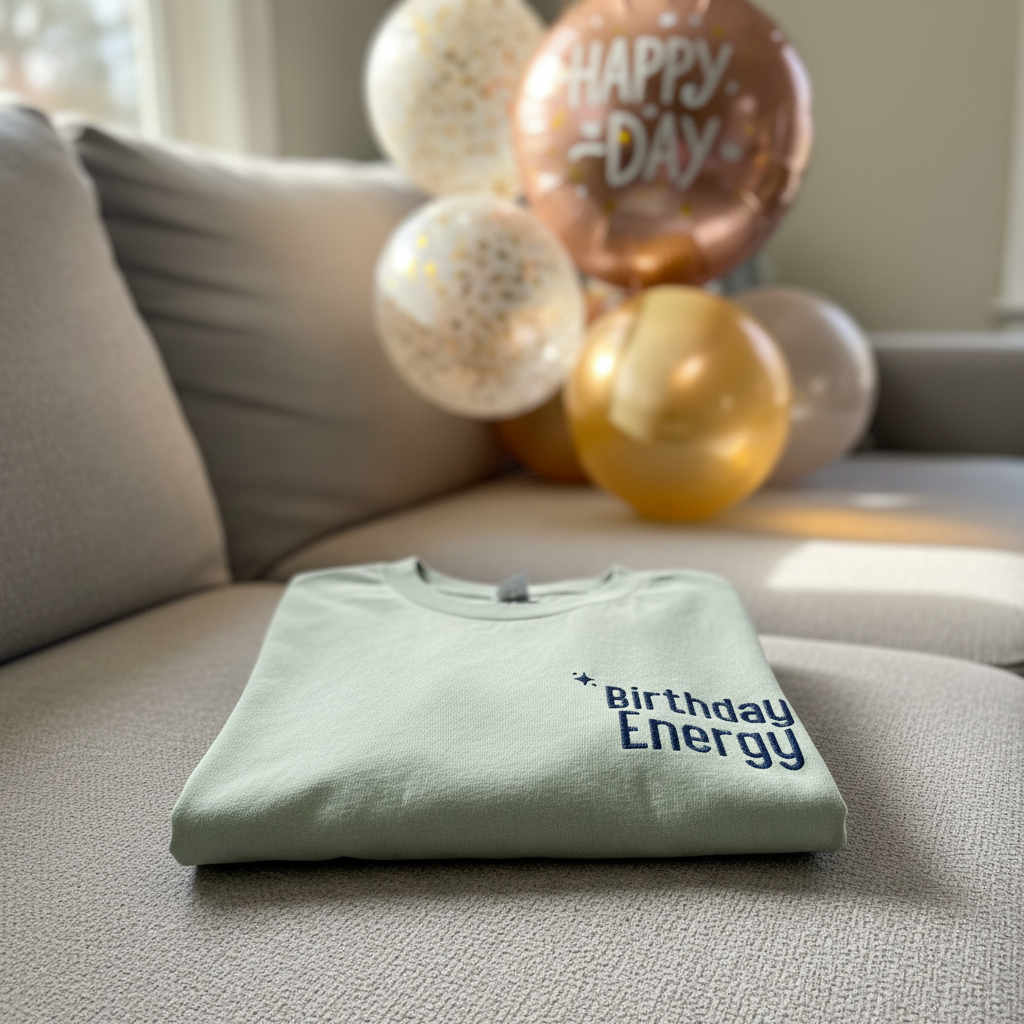 Seafoam T-shirt with Birthday Energy+ graphic, folded on couch
