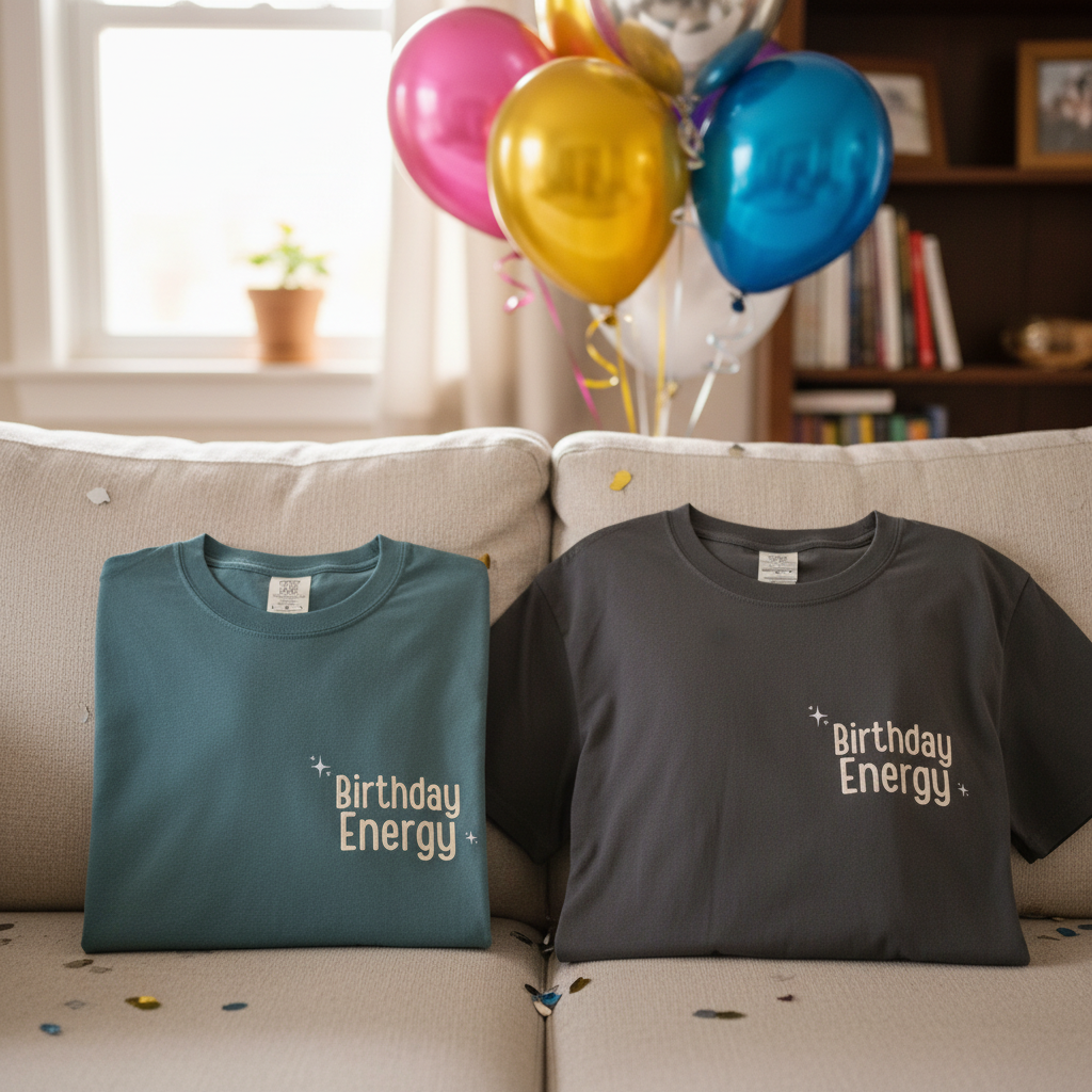 Teal and dark gray crew-neck T-shirts with Birthday Energy+ graphic