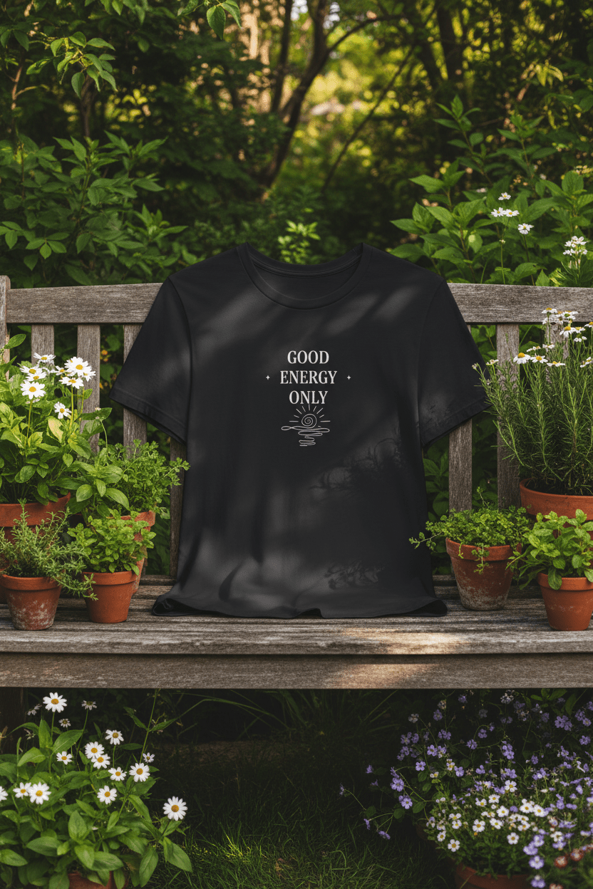 Black T-shirt with crew neck and “GOOD ENERGY ONLY” graphic on the front