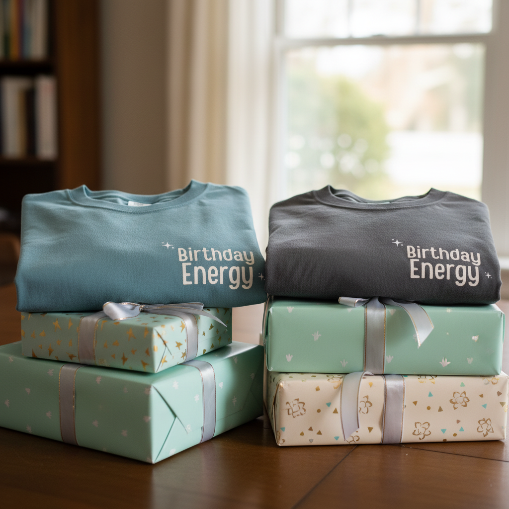 Stacked T-shirts in light teal and graphite, each with Birthday Energy+ graphic