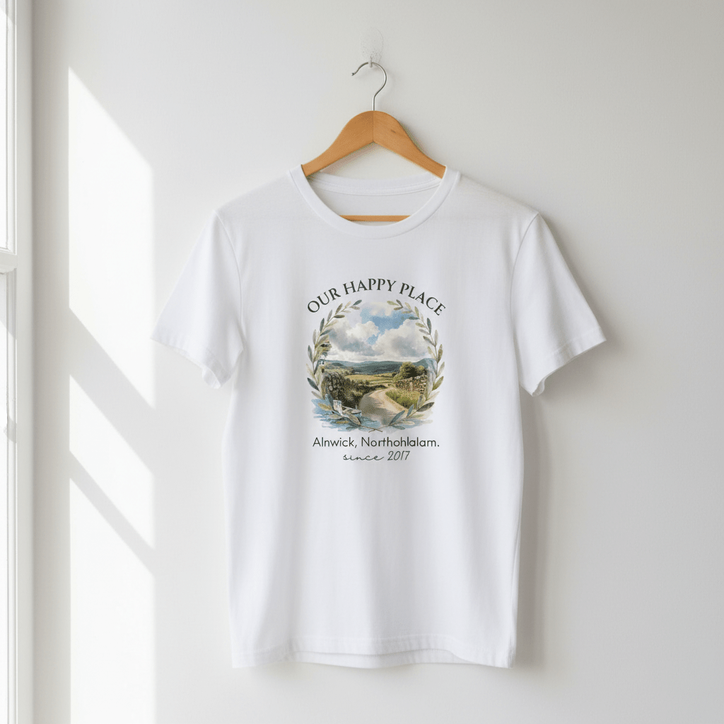 White T-shirt hanging, “OUR HAPPY PLACE” scenic wreath print and “since 2014”