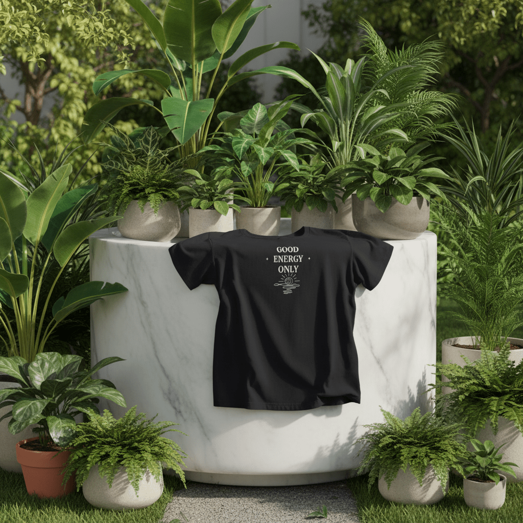 Black T-shirt with crew neck and “GOOD ENERGY ONLY” graphic on the front