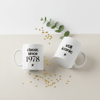 Ceramic coffee mugs with “classic since 1978” and “still iconic” text, star icons