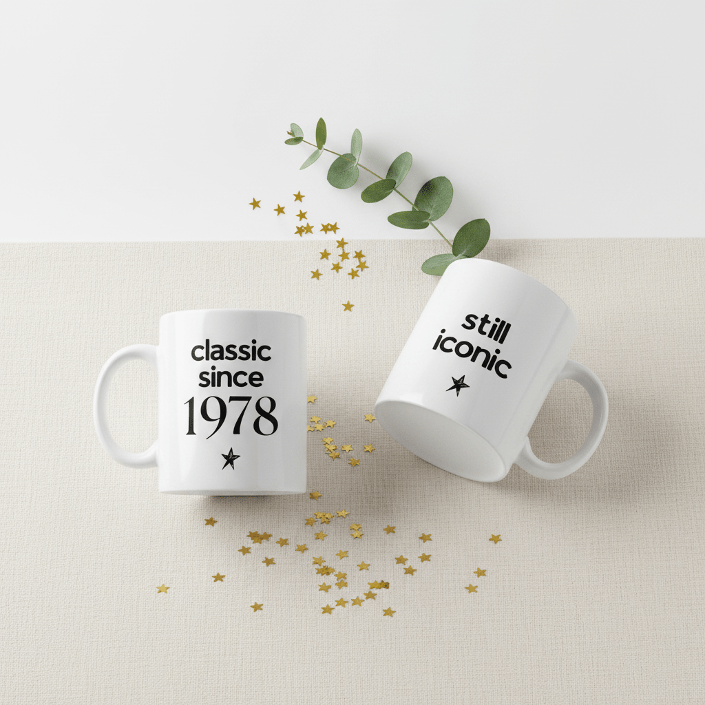 Ceramic coffee mugs with “classic since 1978” and “still iconic” text, star icons