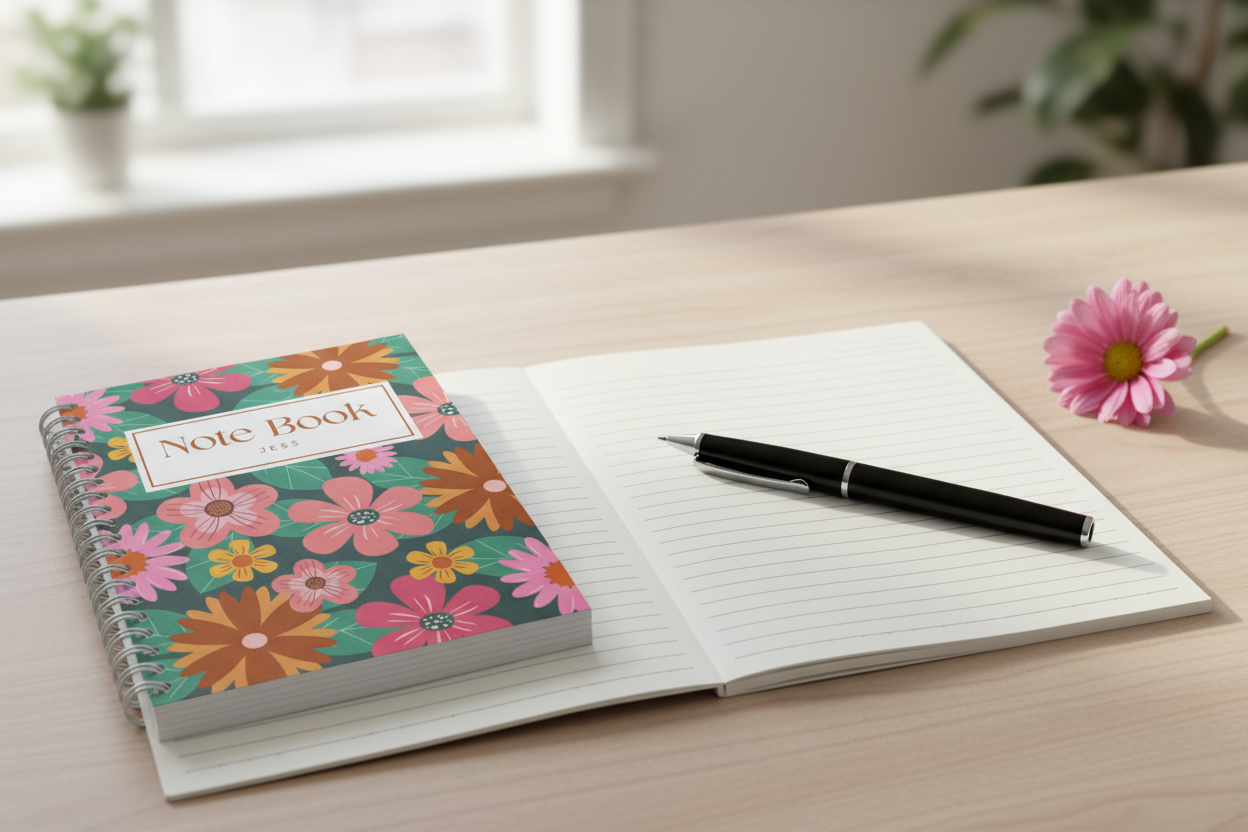 Open notebook showing lined pages with pen