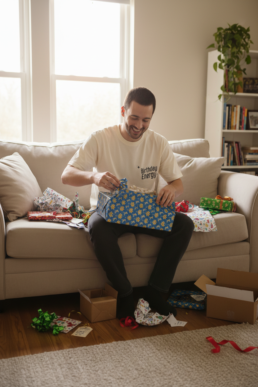 White crew-neck T-shirt with Birthday Energy+ graphic worn while opening gifts