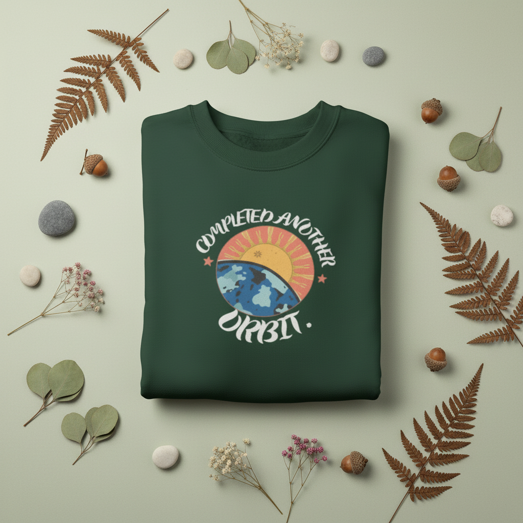 Dark green crewneck sweatshirt with circular space graphic and starburst text