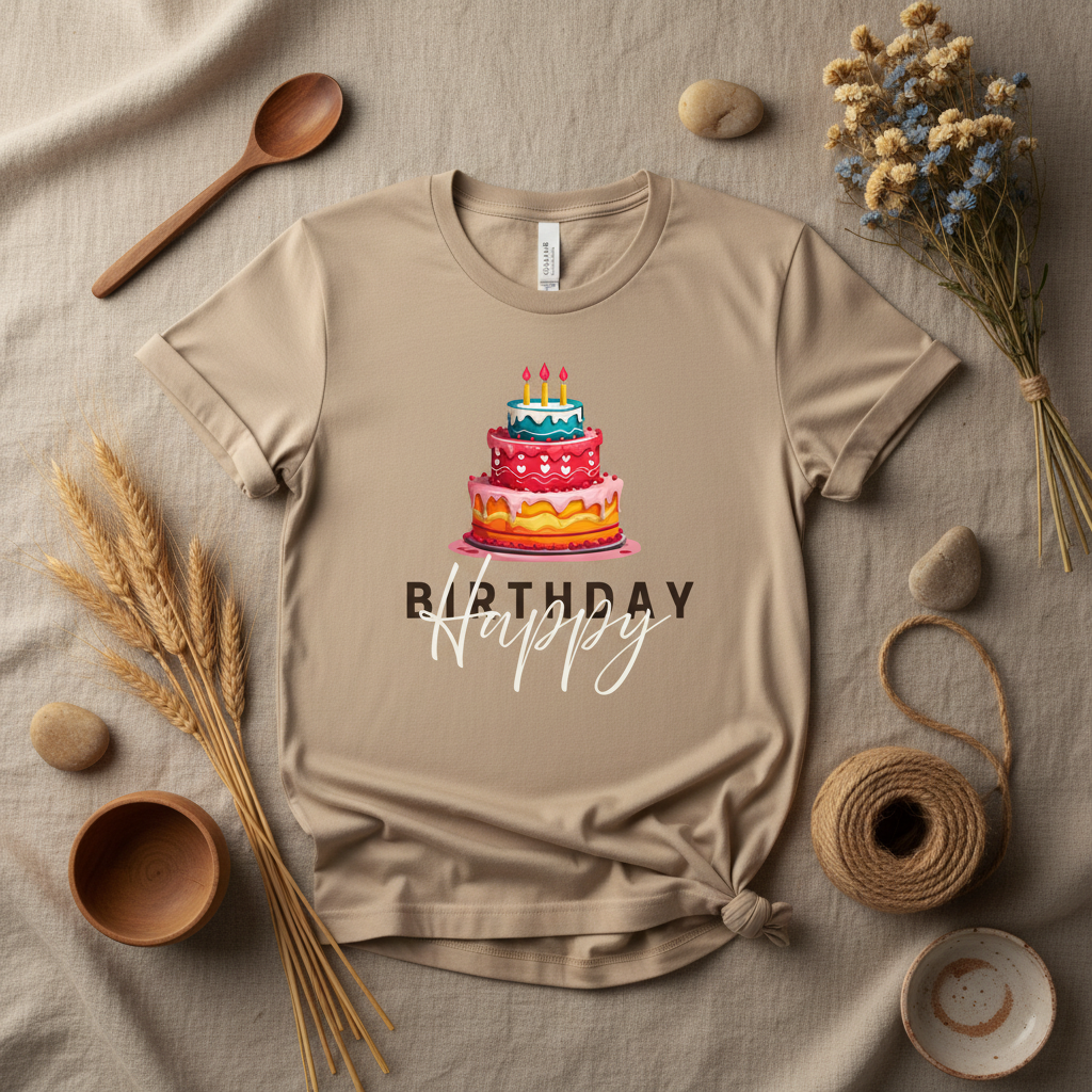 Sand/beige T-shirt with birthday cake graphic and 'Happy Birthday' script