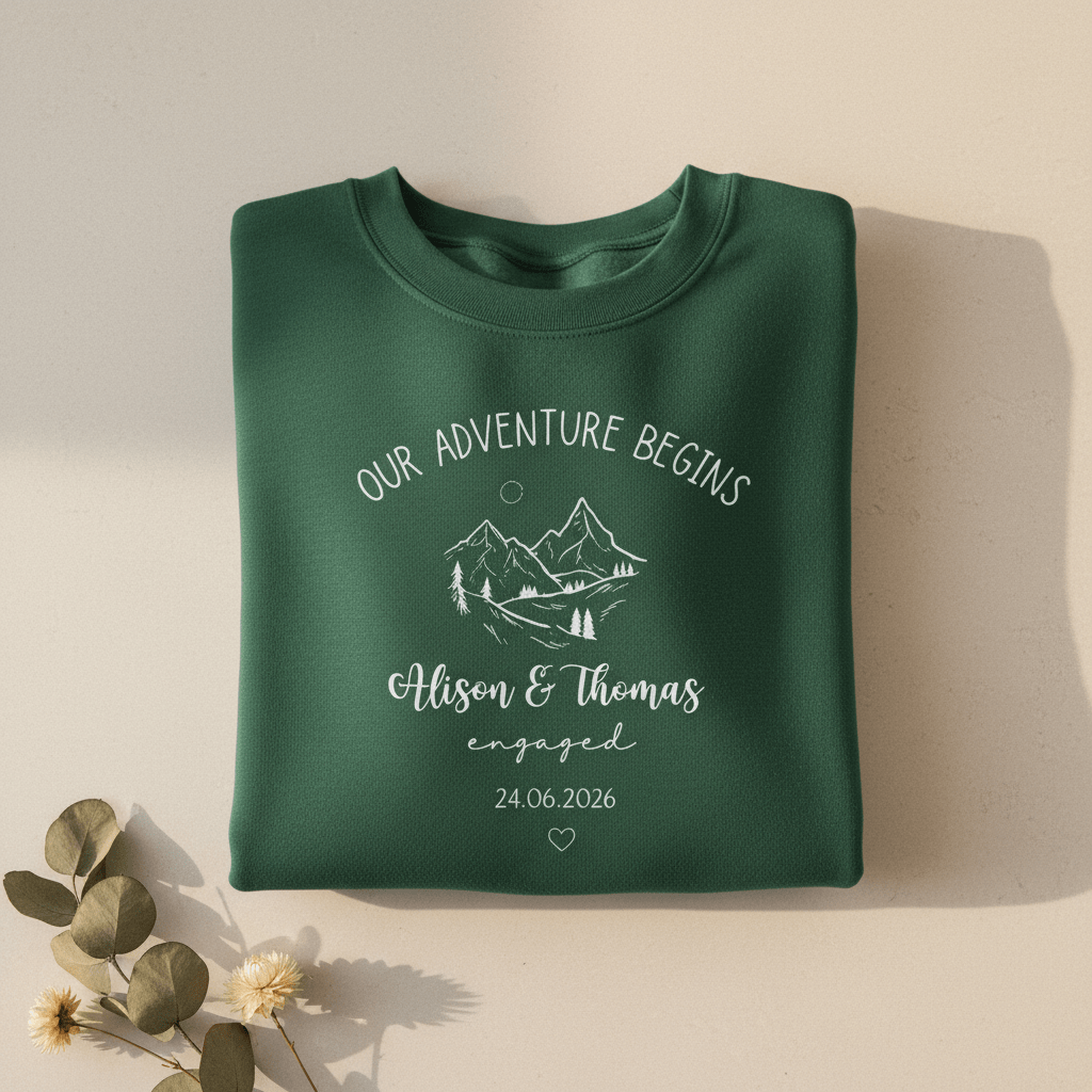 Bottle green sweatshirt with 'Our Adventure Begins' mountain print and names Allison & Thomas