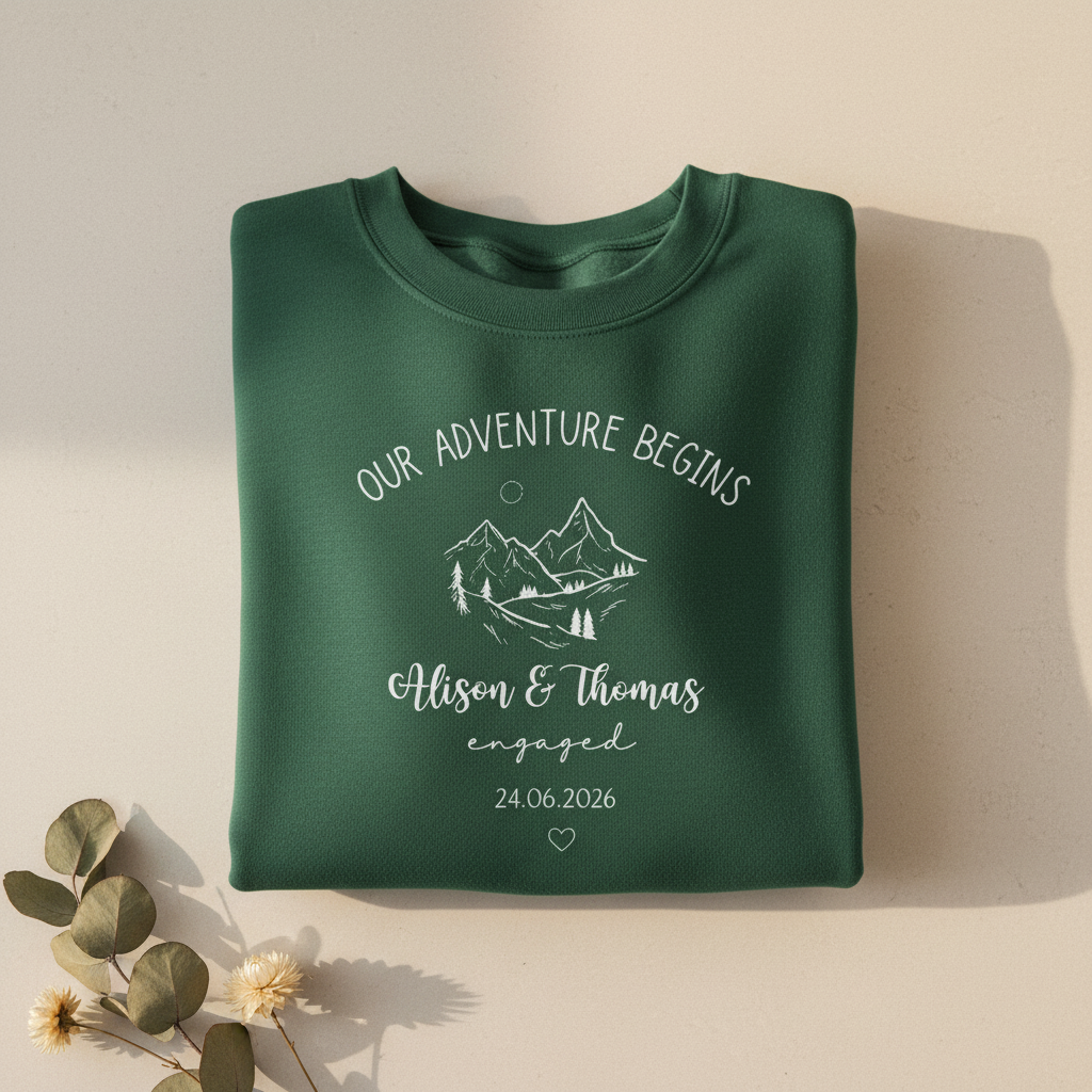 Bottle green sweatshirt with 'Our Adventure Begins' mountain print and names Allison & Thomas