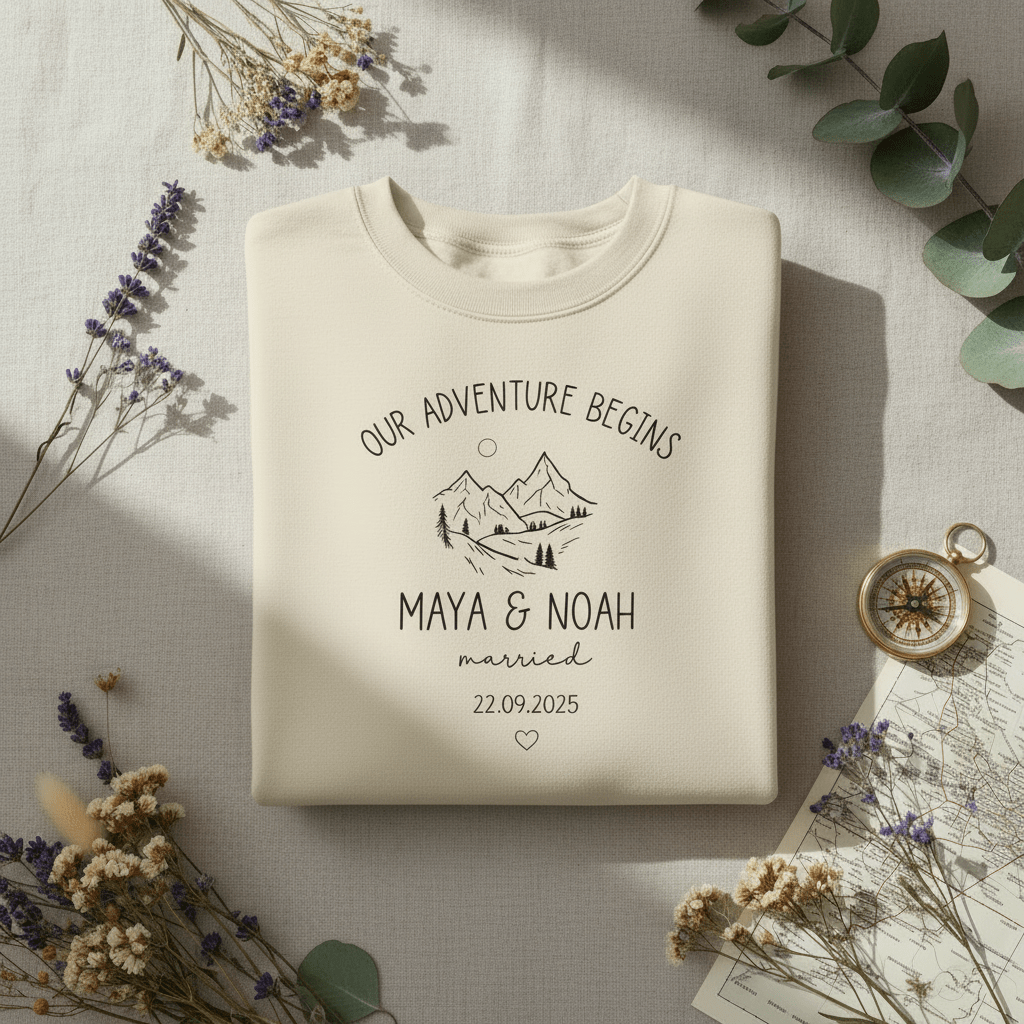 Arctic white sweatshirt with 'Our Adventure Begins' mountain print and names Maya & Noah