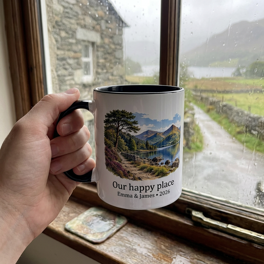 Our happy place mug by a rainy cottage window