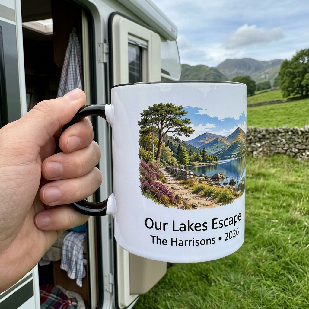 Our Lakes Escape mug beside a campervan doorway