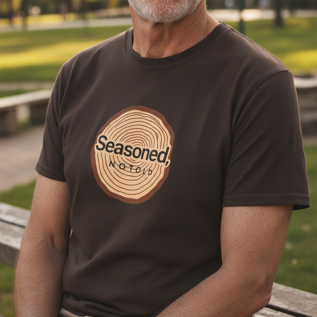Dark charcoal crew-neck T-shirt with circular tree-ring badge graphic reading 'Seasoned'