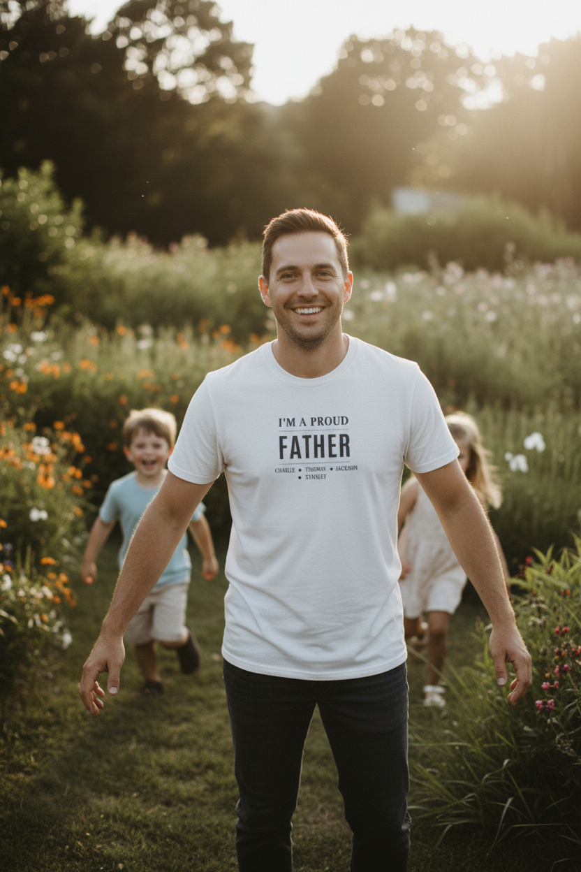 White crewneck T-shirt with small centered "I'm a proud Father" chest print
