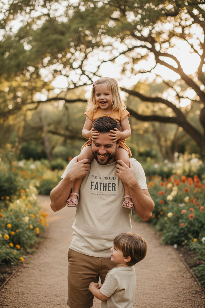 Cream T-shirt with small centered "I'm a proud Father" chest print