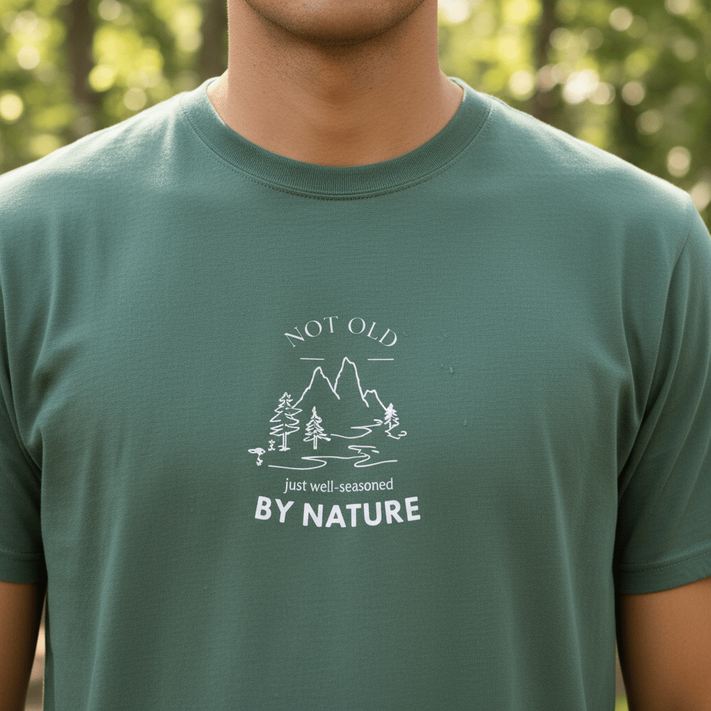 Teal graphic T-shirt with mountain and trees logo and “BY NATURE” statement print