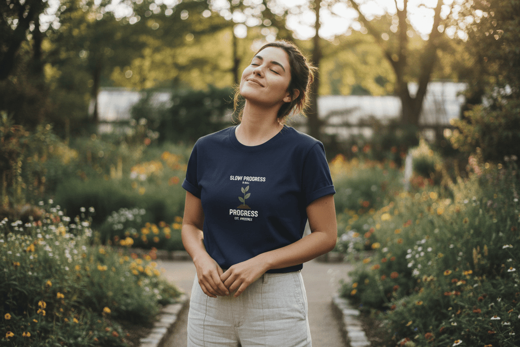 Navy motivational T-shirt with plant graphic and 'Progress' and 'Est. Patience' text