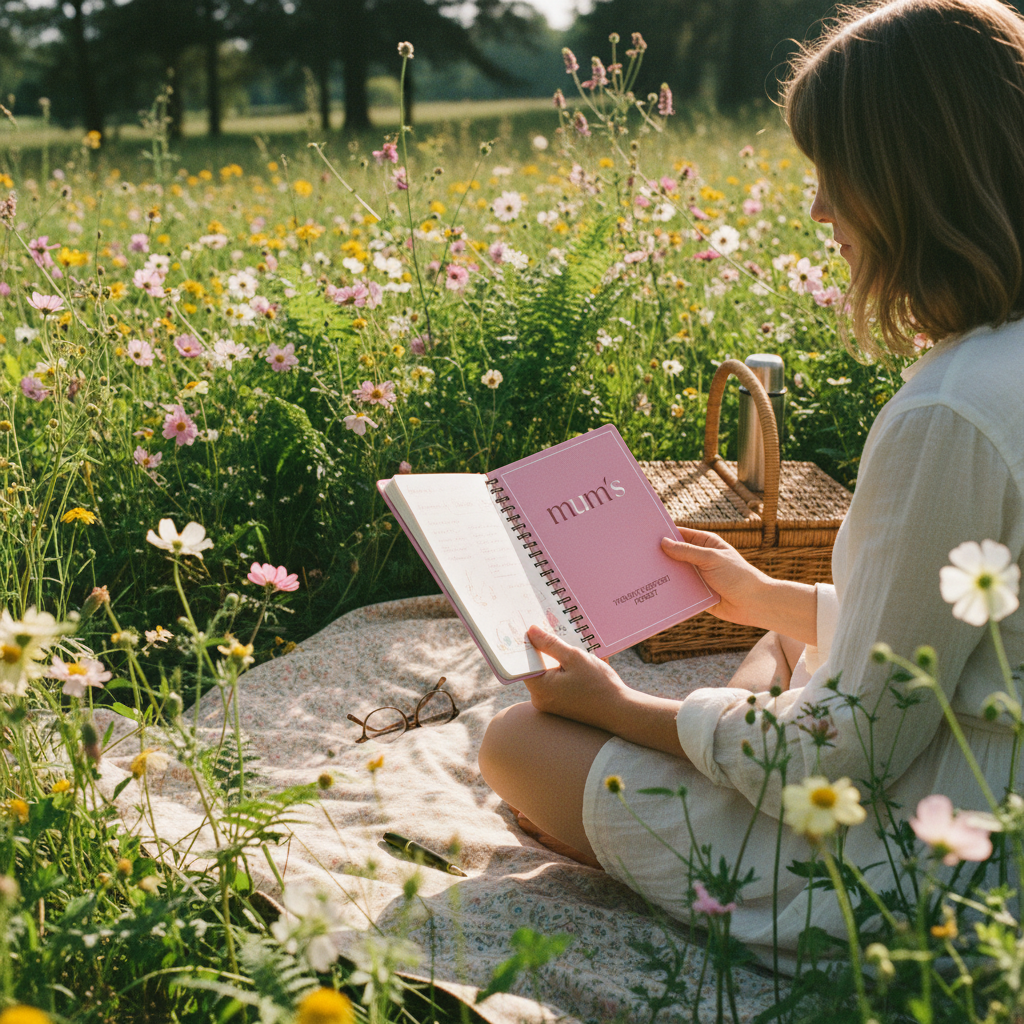 Outdoor picnic blanket in wildflowers