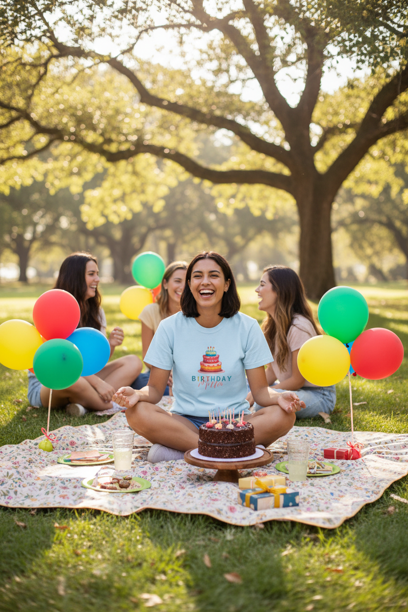 Light-colored birthday graphic T-shirt on woman with cake and “Birthday Girl”