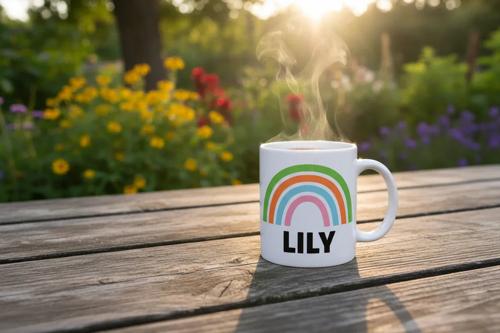Personalised rainbow mug with name LILY and a white handle, on a wooden table.