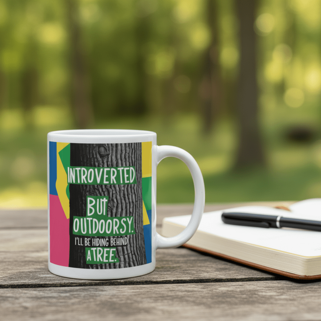 White mug with colorful nature quote on a wooden surface