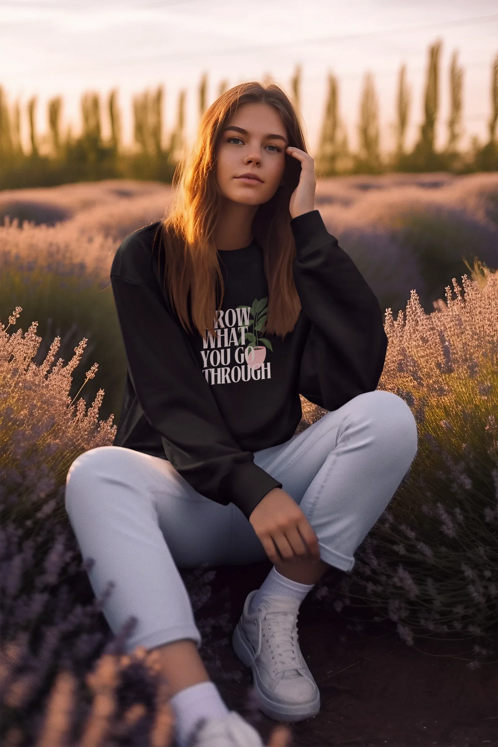 Black sweatshirt with “Grow What You Go Through” text and leaf graphic