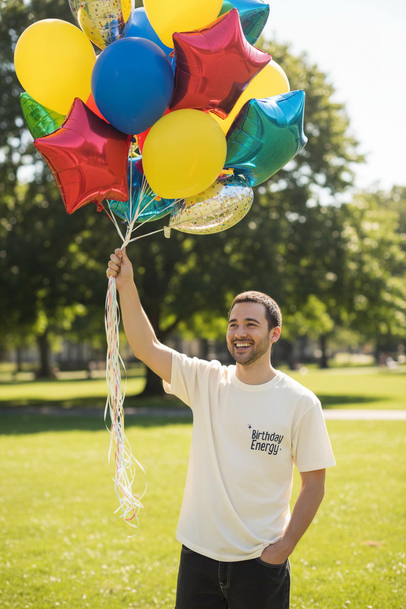 White crew-neck T-shirt with Birthday Energy+ graphic worn with balloons outdoors