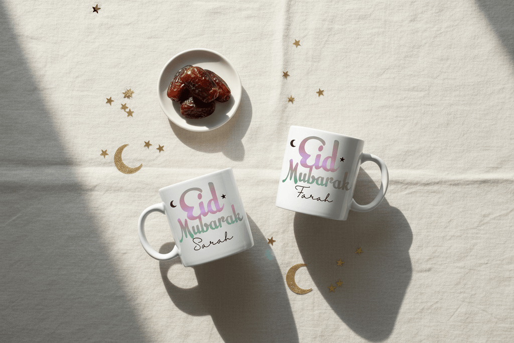 Two white mugs with Eid Mubarak text and custom name Farrah, crescent and stars