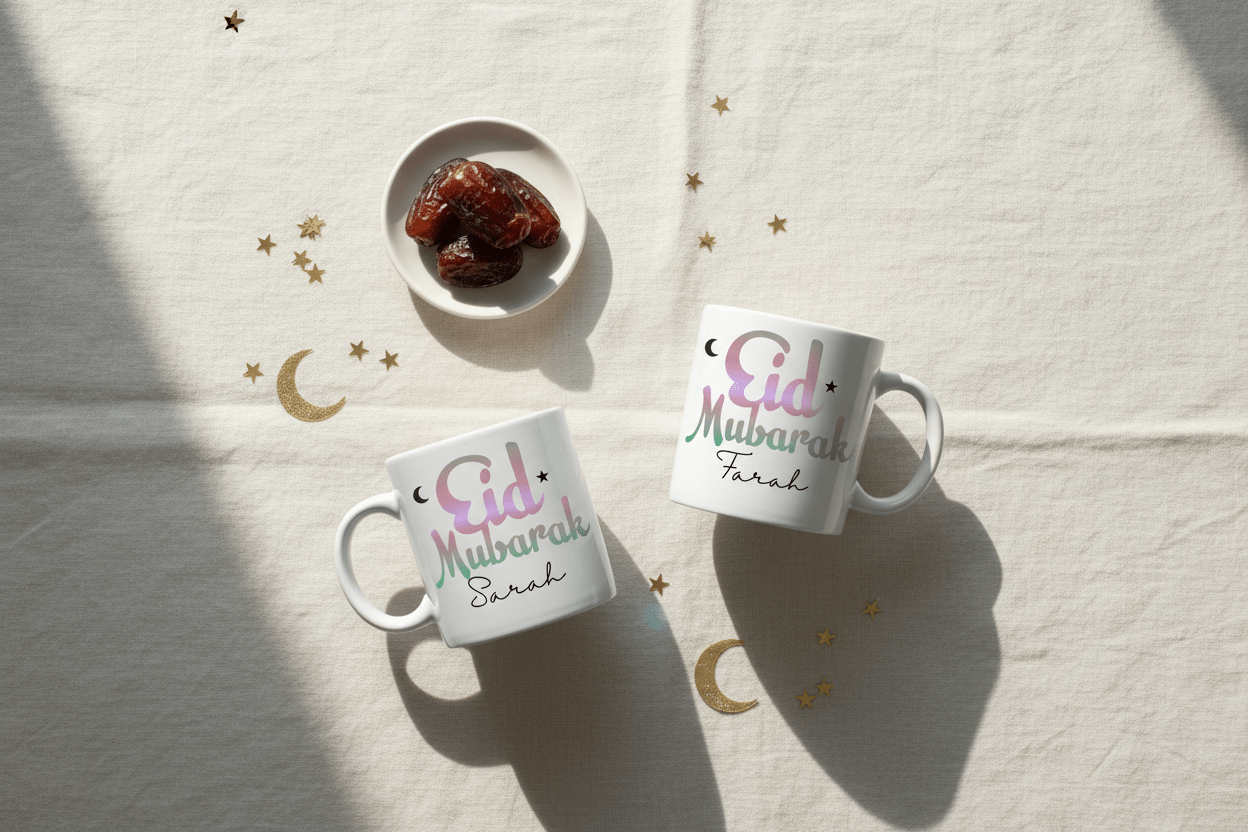 Two white mugs with Eid Mubarak text and custom name Farrah, crescent and stars