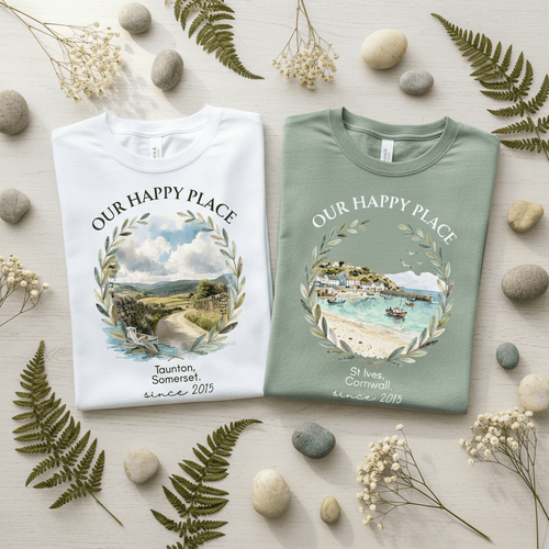 Personalised crew-neck T-shirts, white and muted green, with scenic circular wreath graphic