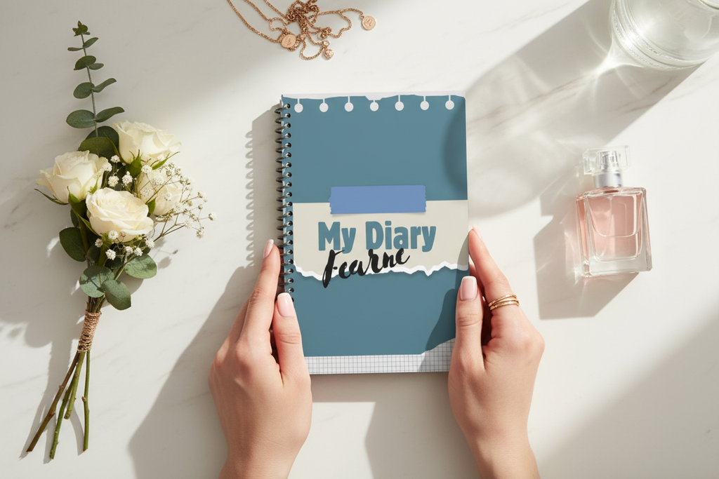 Overhead view of hands holding diary with feminine items