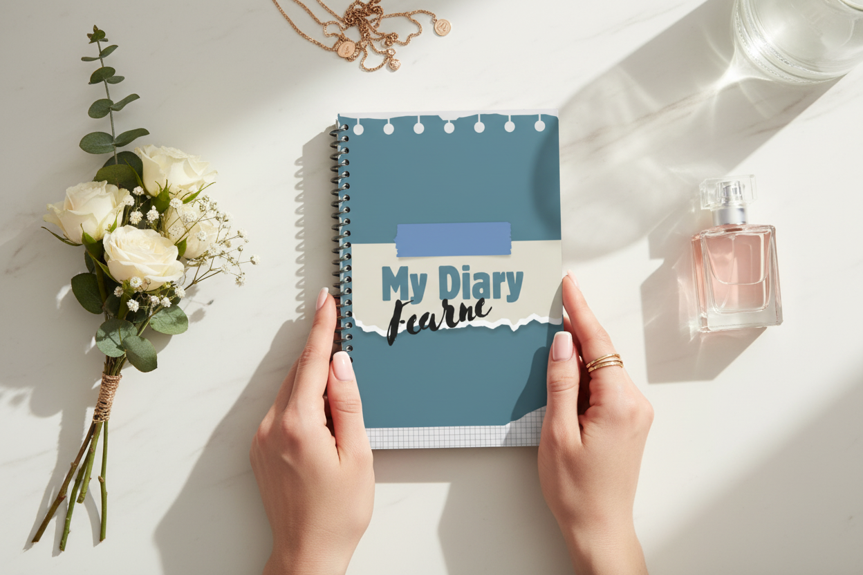 Overhead view of hands holding diary with feminine items