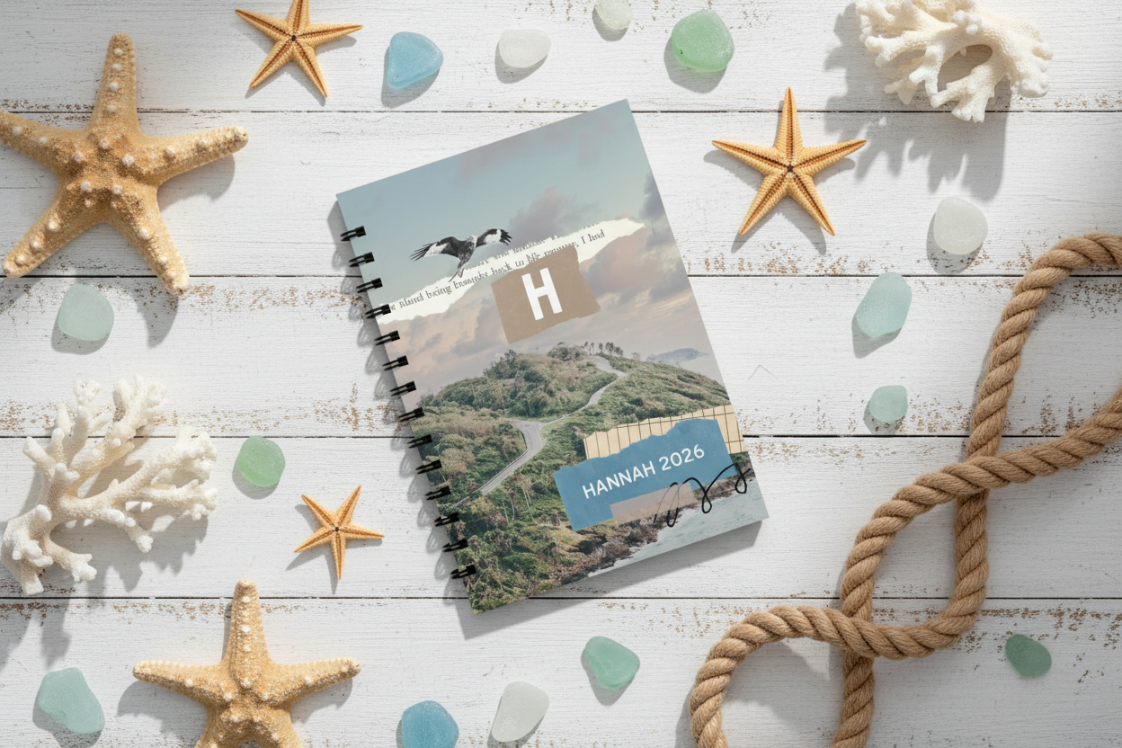 Overhead view of HANNAH notebook with coastal elements